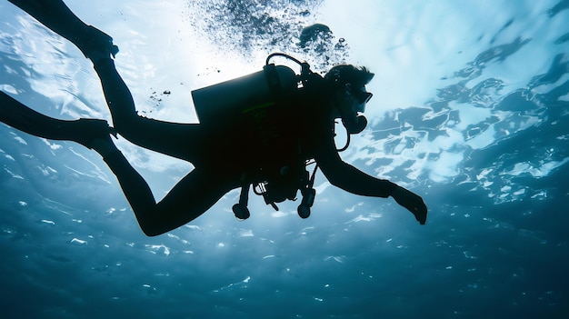 Outline of young man scuba diver depth showcasing diver shadow silhouette dive into deep sea