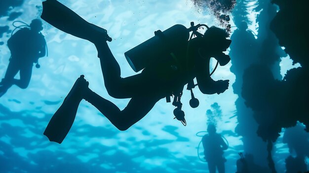 Outline of young man scuba diver depth silhouette of young man diving into deepsea water Focus