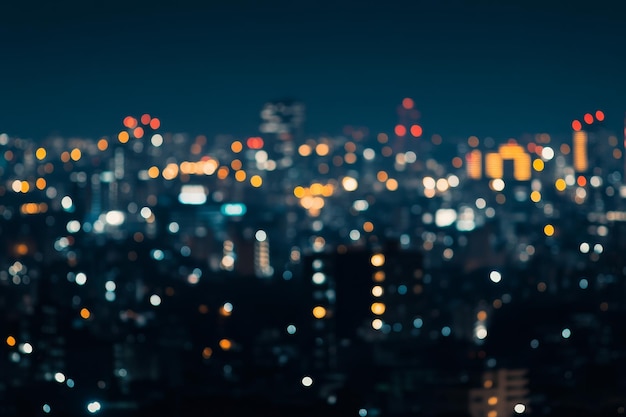 Photo outoffocus cityscape showing a vibrant array of colorful lights against a deep blue night sky