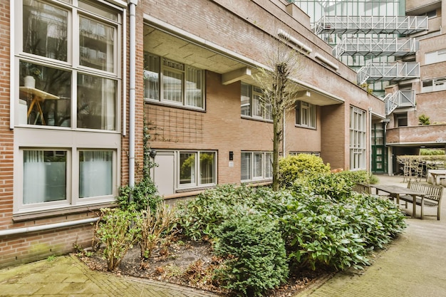 the outside of an apartment building with plants and trees in the fore shot taken from inside to outside