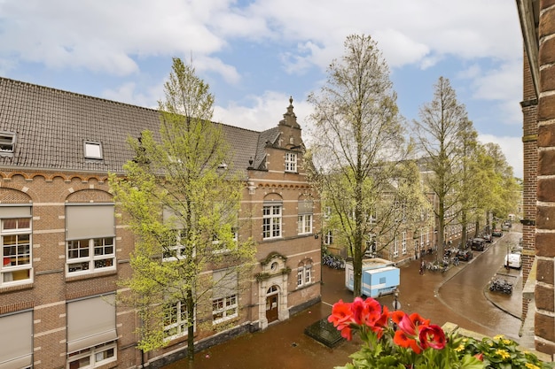 an outside area with flowers and buildings in the fore image was taken from my hotel room at amsterdam netherlands