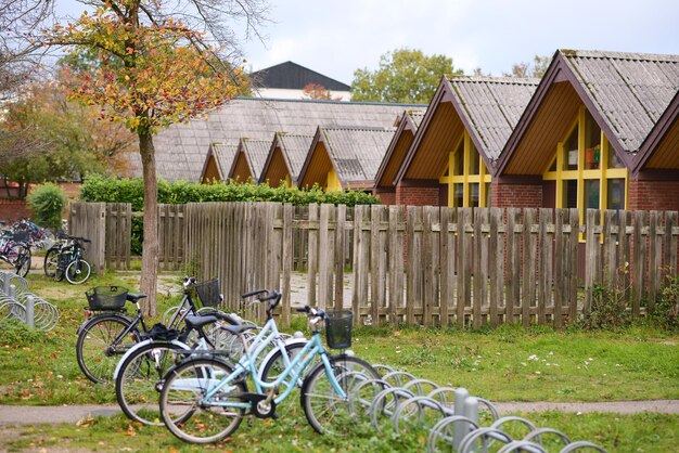 Outside a classroom with bikes parked in front