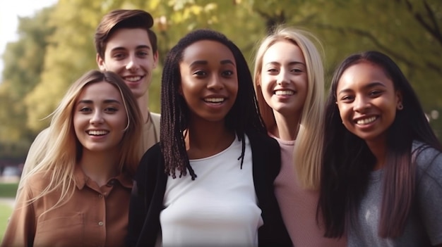 Outside a happy multiethnic group of students smiles Generative AI