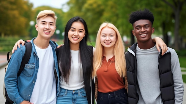 Outside a happy multiethnic group of students smiles Generative AI