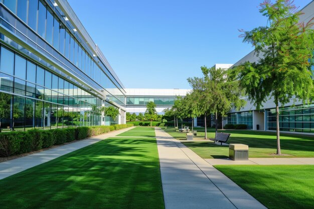 Photo outside office building modern commercial business complex with green lawn and trees