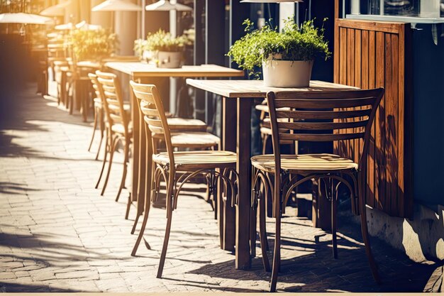 Outside wooden tables and chairs in a street cafe Vertical frame