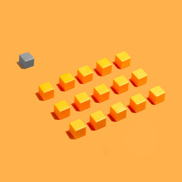 Outsider position rows of yellow identical cubes and behind gray