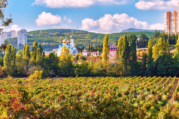 The outskirts of the city of Alushta with a view of the Church of the royal passionbearers