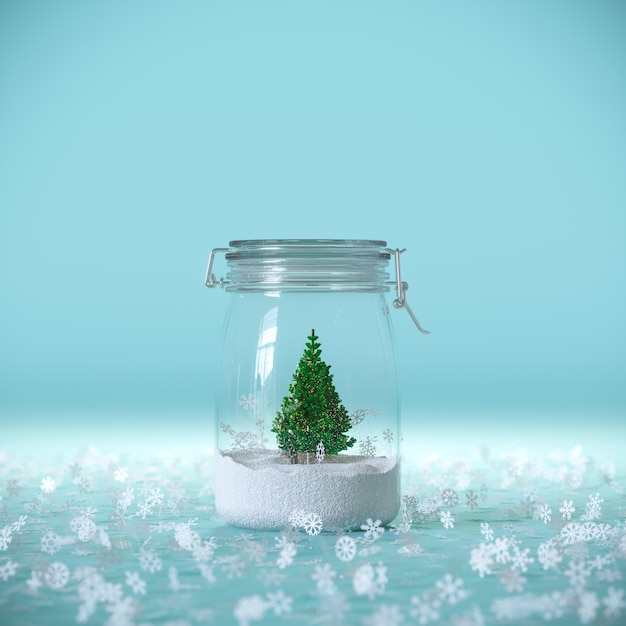 Outstanding Christmas tree with gift box present on glass bottle with snowflakes outside blue background. 3D minimal idea Christmas concept idea.