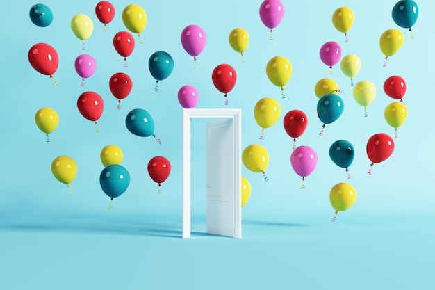 Outstanding Colorful Balloons floating behind white Closed door on blue background. 3D Render minima