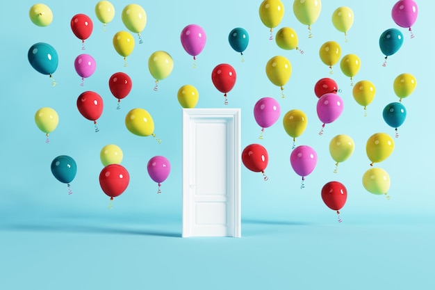 Outstanding Colorful Balloons floating behind white Closed door on blue background. 3D Render.