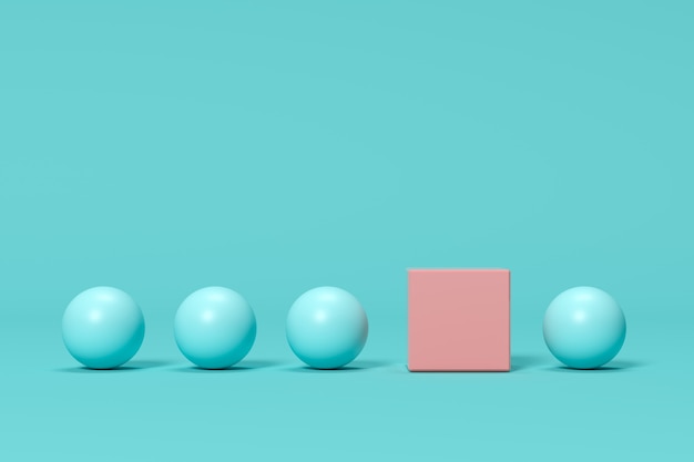 Outstanding pink box among blue spheres on blue background. minimal concept idea