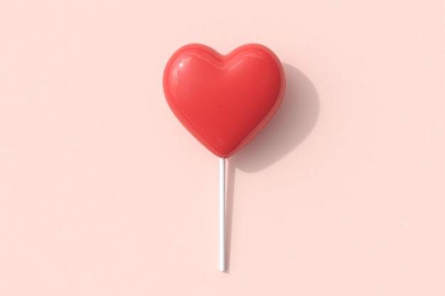 Outstanding Red Heart Shape of Candy lollipop on pink background. 3D Render. Minimal Valentine Concept Idea.