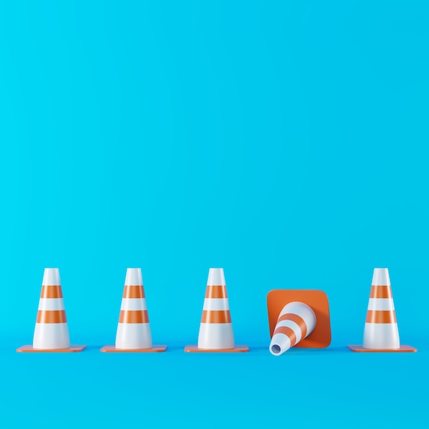 Outstanding Traffic cones falling on blue color background. minimal conceptual idea. 3D render