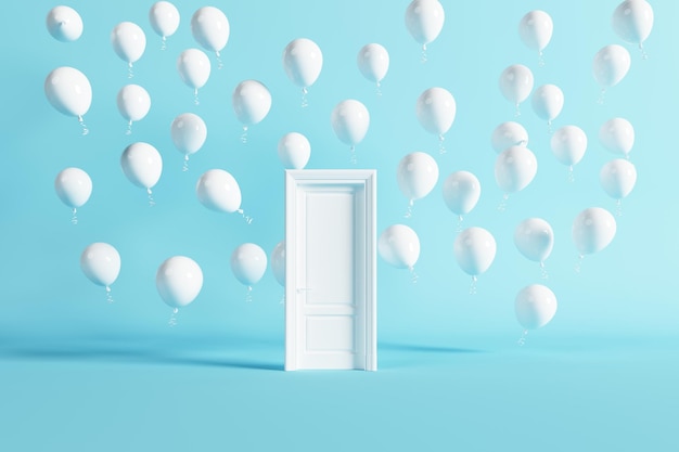 Outstanding White Balloons floating behind white closed door on blue background. 3D Render