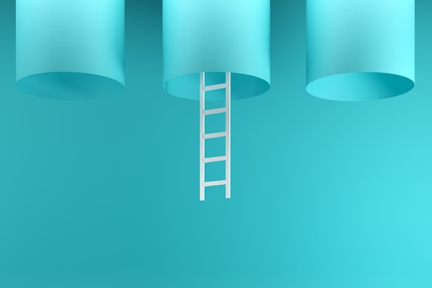 Outstanding white ladder hanging inside blue tube in the middle on blue 