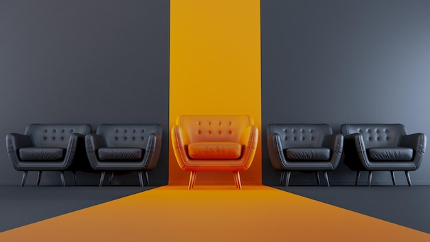 Outstanding yellow sofa among black sofa on dark wall background