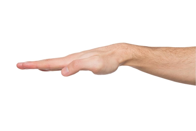 Outstretched male hand, man keeping palm down isolated on white background.