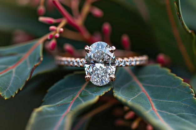 Oval cut diamond engagement ring with natural leaves closeup