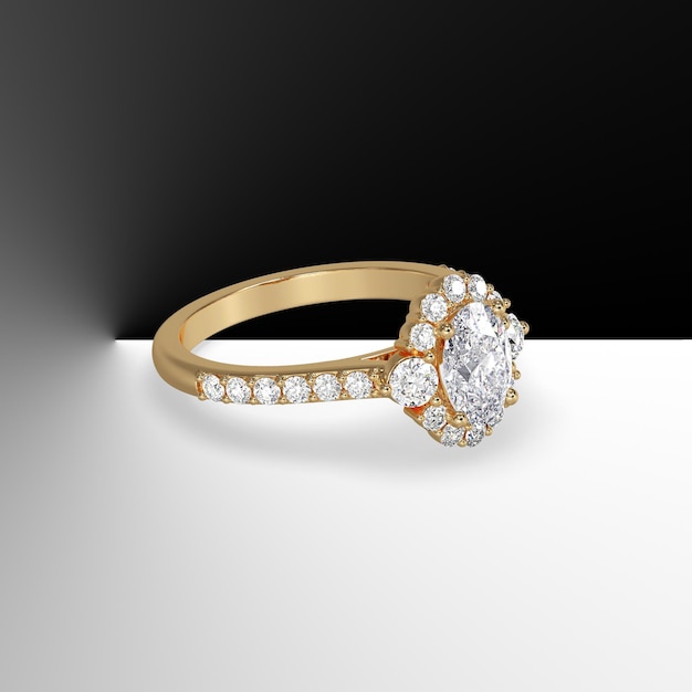 Oval diamond cathedral engagement ring with side stones on shank 3d render