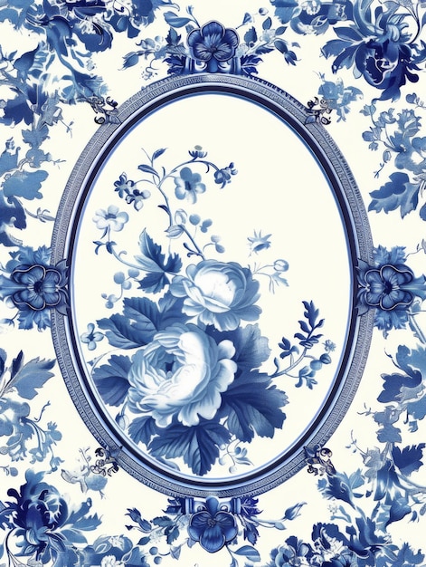 Photo oval frame made of porcelain with a blue floral pattern