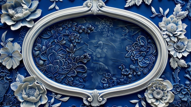 Photo oval frame made of porcelain with a blue floral pattern