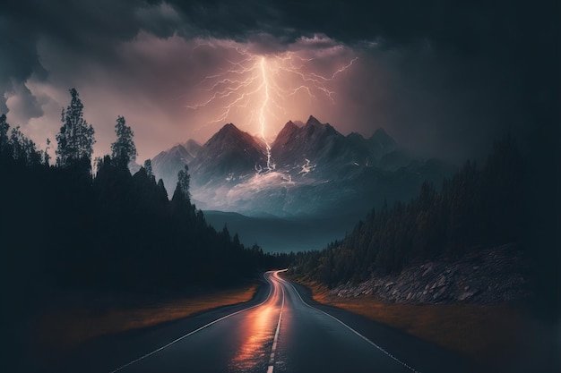 An overcast sky with a thunderstorm and lightning above the mountains covered in forest