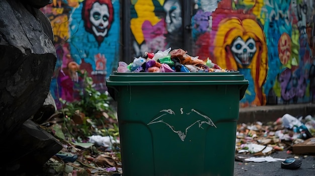 Overfilled Green Trash Bin Against a Colorful Graffiti Wall