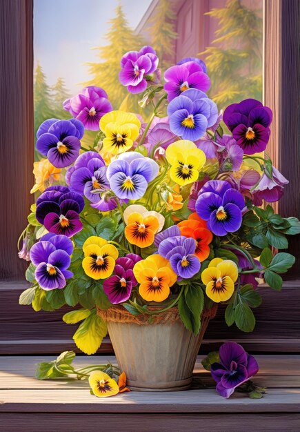 Overflowing basket of purple and white flowers Pansies outdoors