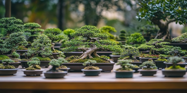 Photo overflowing collection of bonsai trees and pruning tools spreading outwards