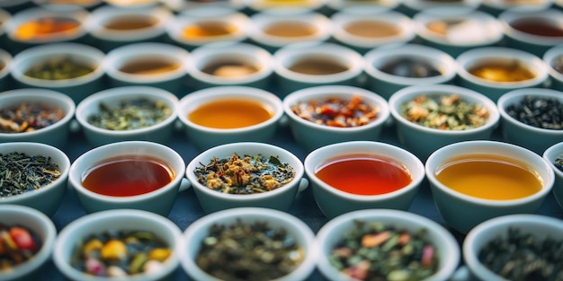 Photo overflowing cups of herbal tea arranged in a calming serene pattern