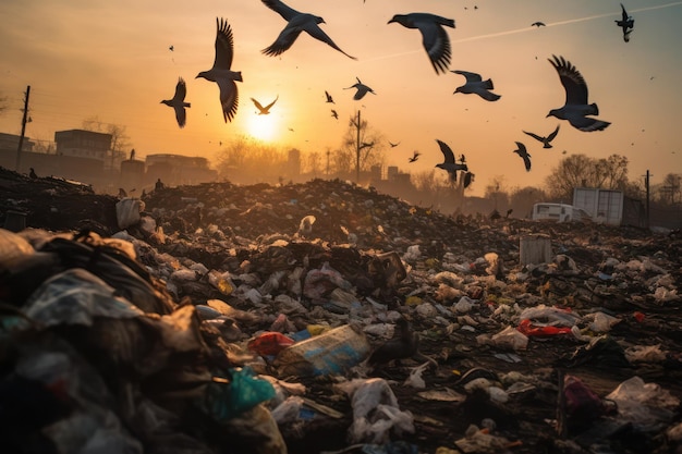 Overflowing dumpsite attracts scavenging birds showing dire consequences of waste mismanagement