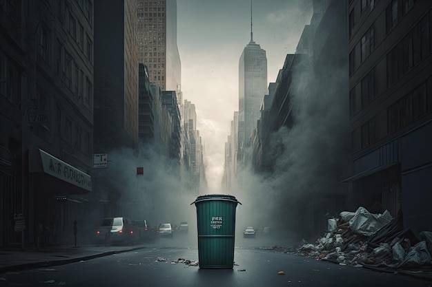 Overflowing garbage bin in street against backdrop of city and fog