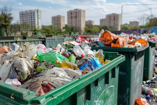 Overflowing garbage bins on a residential street reflect a pressing urban waste management issue