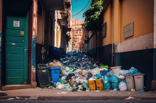 Overflowing garbage and trash in streets of world's cities on sunny day