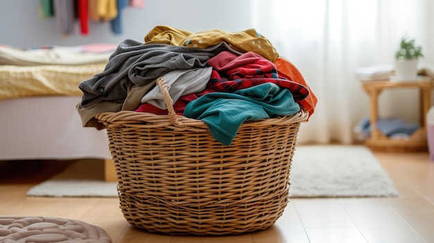 Overflowing laundry basket on the bedroom floor