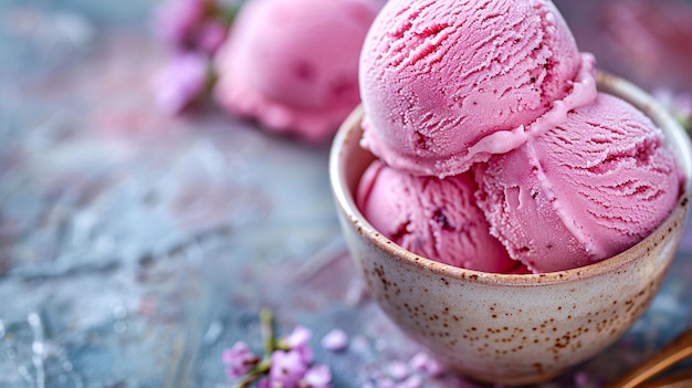 Overflowing pink ice cream scoops in a rustic bowl make for a visually stunning dessert