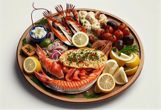 Overflowing plate of fish and seafood with lemon Generative AI