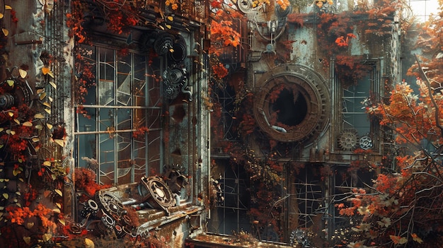 Overgrown abandoned building with lush autumn foliage and decayed machinery creating an eerie postapocalyptic atmosphere