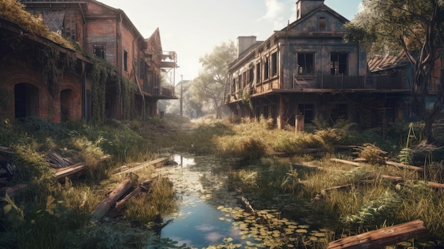 An overgrown abandoned town with a polluted river AI generated