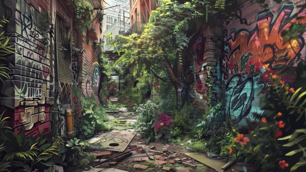 Photo an overgrown alleyway adorned with vibrant graffiti and lush greenery showcasing nature39s reclaiming of urban space