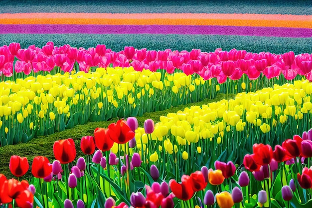 Overgrown fields with thousands of tulip flower of various colors