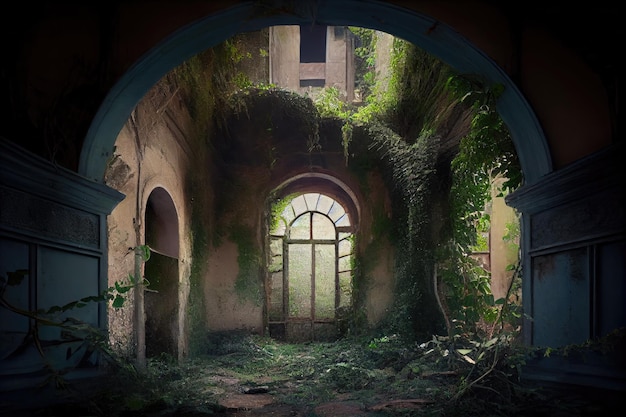 Overgrown ruins with vines and plants growing through the broken walls