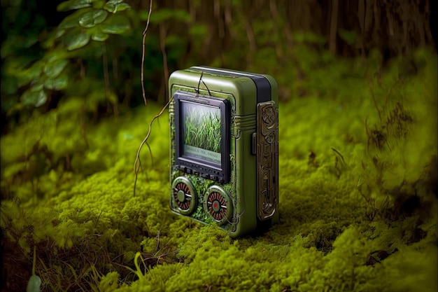 Overgrown with moss and grass in forest walkman player