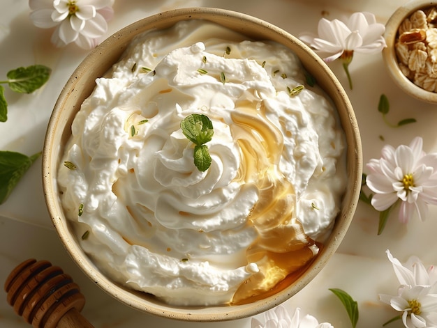 overhead closeup shot of a bowl of white yogurt with a small amount of honey being drizzled on top