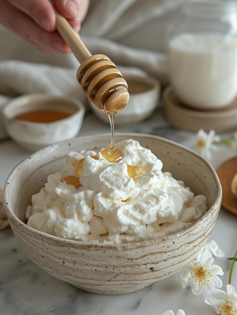 overhead closeup shot of a bowl of white yogurt with a small amount of honey being drizzled on top