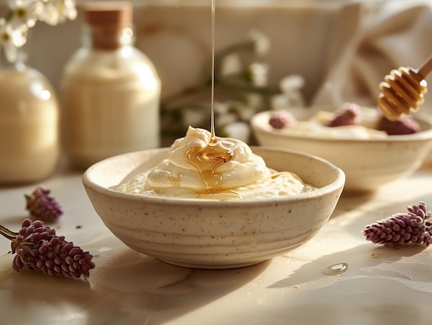 overhead closeup shot of a bowl of white yogurt with a small amount of honey being drizzled on top