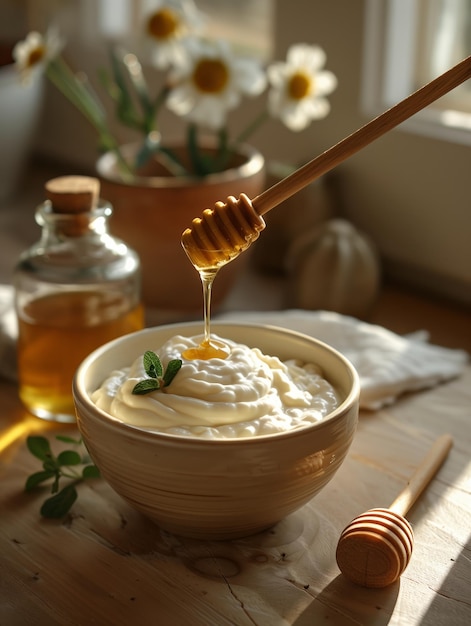 overhead closeup shot of a bowl of white yogurt with a small amount of honey being drizzled on top