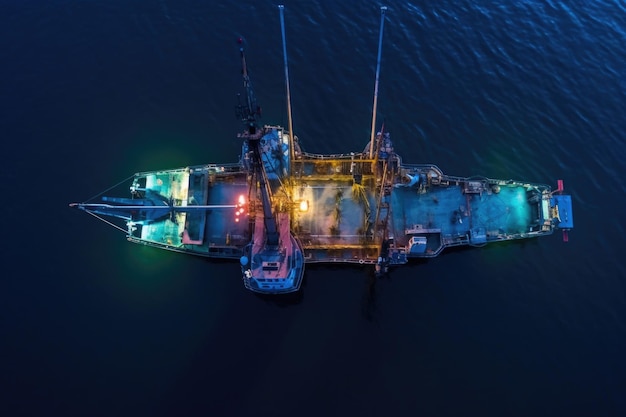 Overhead drone view of fishing trawler at dusk created with generative ai