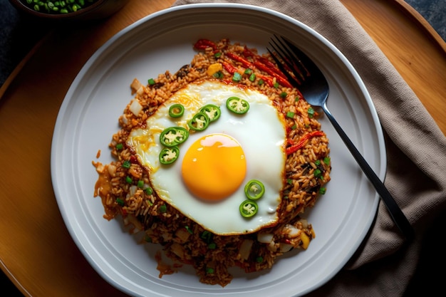 Overhead image of homemade kimchi fried rice with a fried egg on top